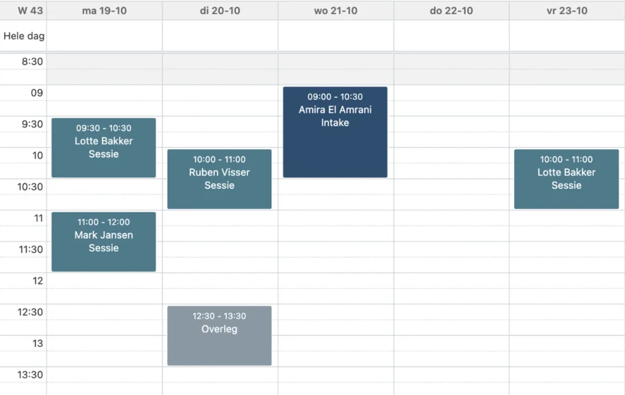 Praktijk: een werkweek in de agenda met sessies, een intake en een overleg
