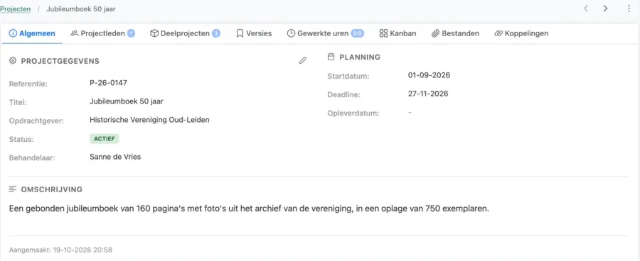Projecten: het projectscherm met tabbladen voor projectleden, deelprojecten, uren, kanban en bestanden